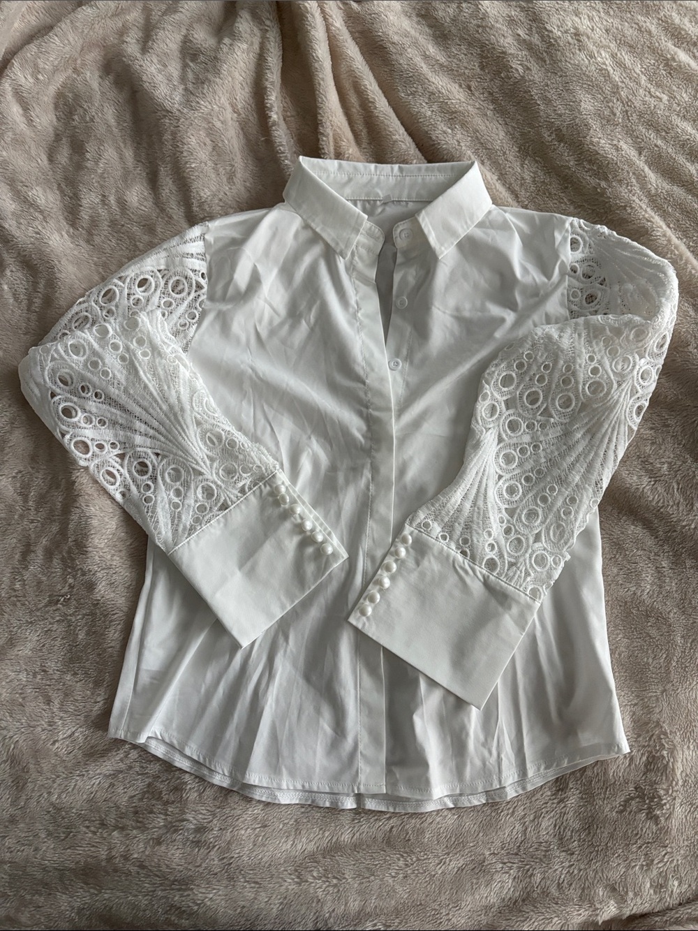 White Lace-Sleeve Button-Front Women's Shirt